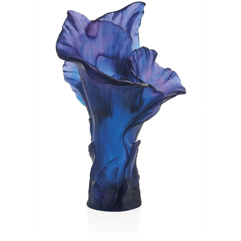 Blue glass vase Arum Magnum with wavy design on a white background