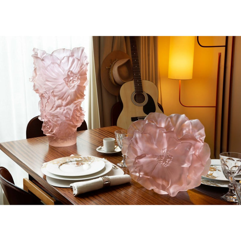 elegant table decor with Vase Camelia crystal pink large by Daum, French pâte de verre floral vase in sculpted pink crystal