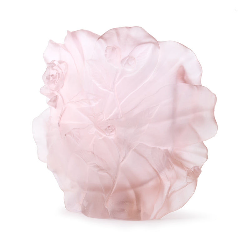 Vase Camelia crystal pink large by Daum, French pâte de verre floral vase in sculpted pink crystal sided