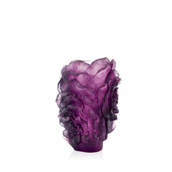 A purple camellia flower-shaped crystal vase on a white background.
