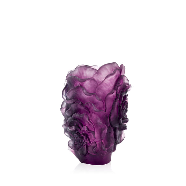 A purple camellia flower-shaped crystal vase on a white background.