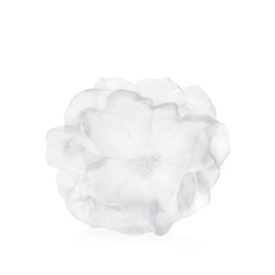 A white crystal vase with a floral design, resembling a camellia flower, on a plain background.