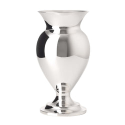 A silver-plated amphora-shaped vase with a reflective surface, standing on a flat base with a flared top.