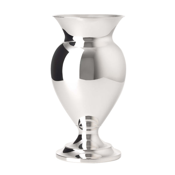 A silver-plated amphora-shaped vase with a reflective surface, standing on a flat base with a flared top.