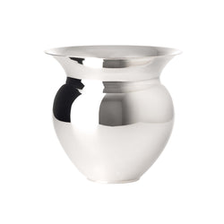 A silver-plated vase with an elongated neck and rounded body, reflecting light on its smooth surface.