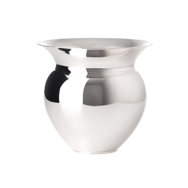 A silver-plated vase with an elongated neck and rounded body, reflecting light on its smooth surface.