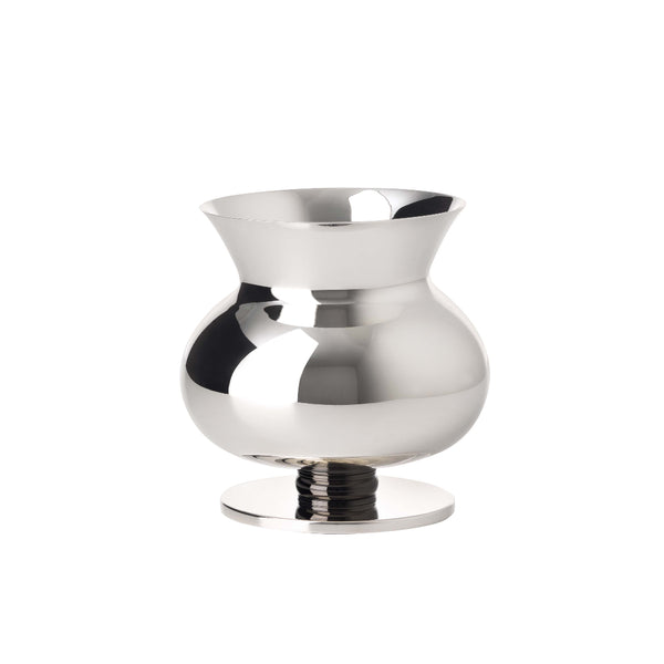 A silver-plated amphora-shaped vase with a reflective surface, standing on a stable base, with an elongated neck and rounded body.