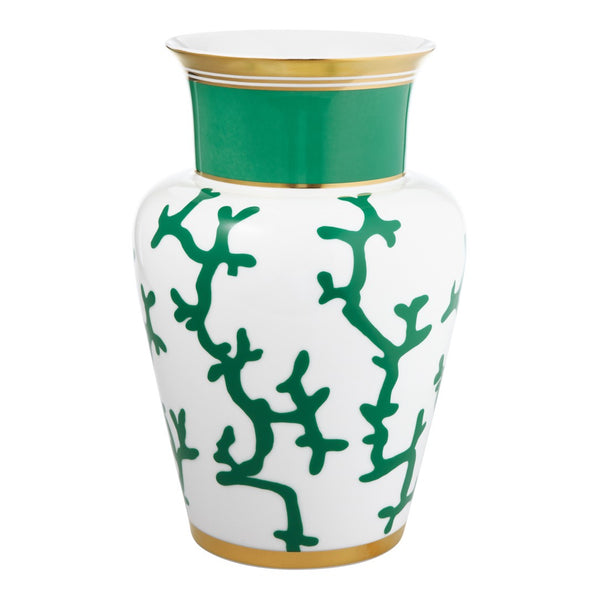 Vase with green branch pattern on a white background