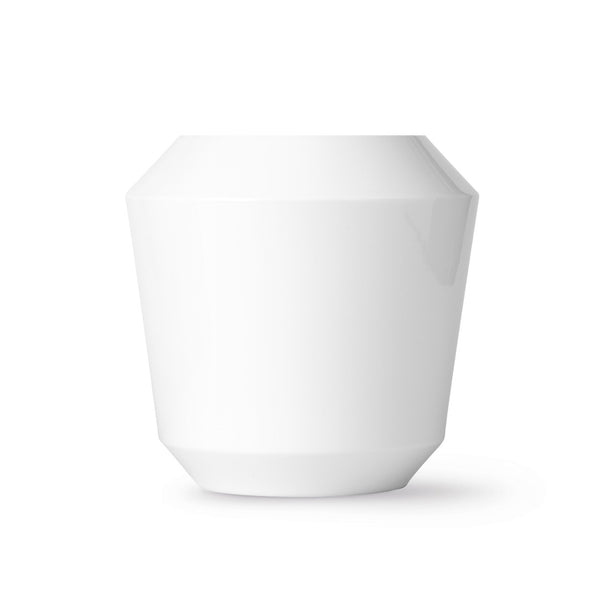 A white, cylindrical porcelain vase with a tapered top and wide base, against a plain background.