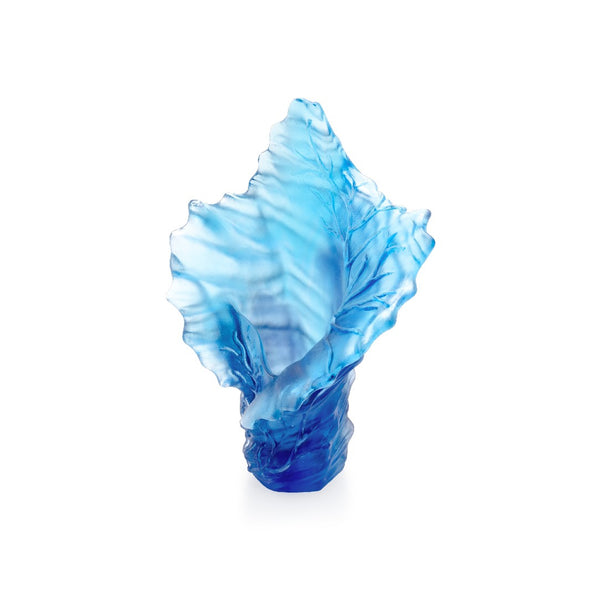 Blue glass vase sculpture on a white background