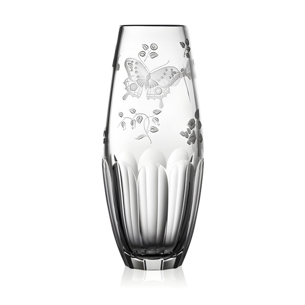 Luxury Barrel Vase in Clear Crystal with Butterfly and Leaf Engraving – Springtime by Varga Crystal