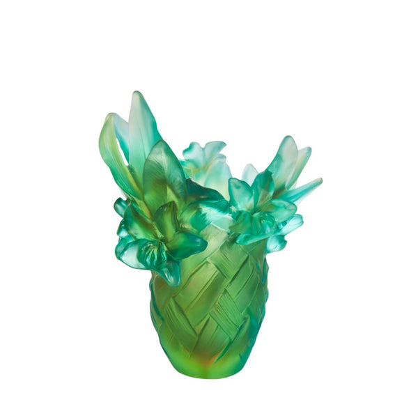 Green pineapple-shaped vase with floral design on a white background