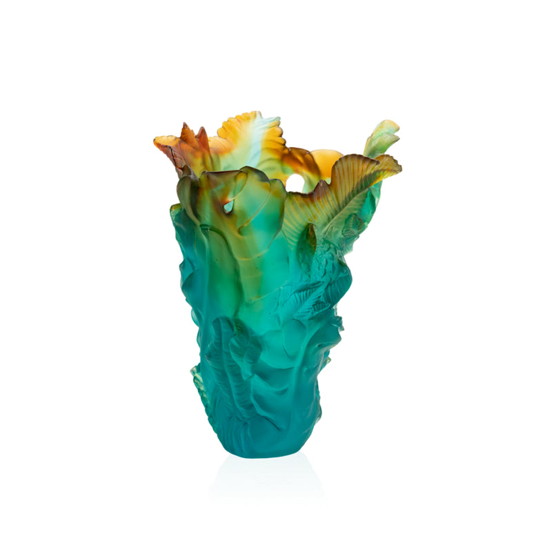 Vase Tropical Voyage crystal large by Daum, pâte de verre vase with sculpted exotic leaves and vibrant tropical hues