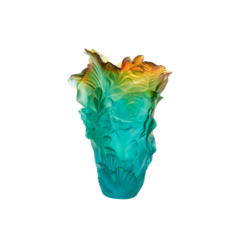 Vase Tropical Voyage crystal large by Daum, pâte de verre vase with sculpted exotic leaves and vibrant tropical hues