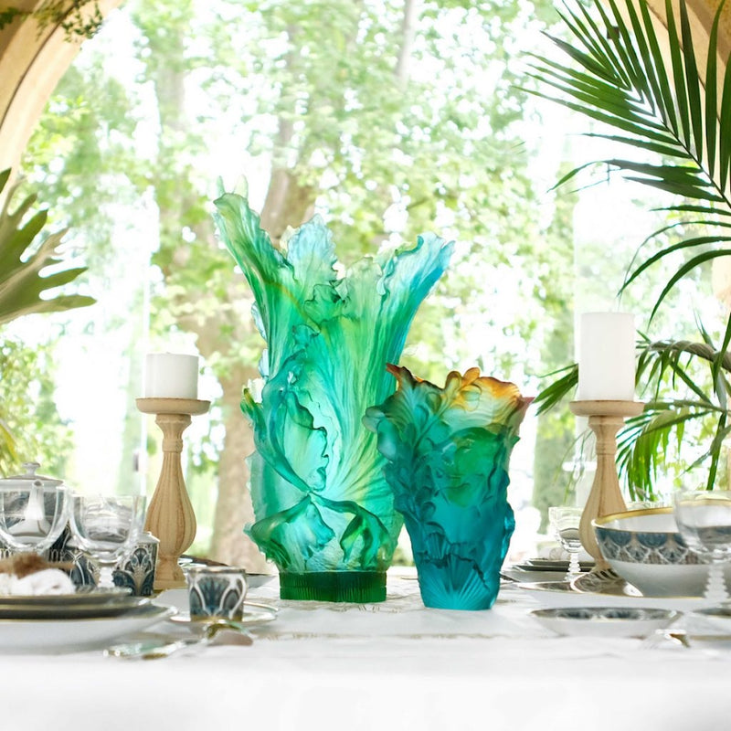 styled table with the Vase Tropical Voyage crystal by Daum, pâte de verre vases with sculpted exotic leaves and vibrant tropical hues