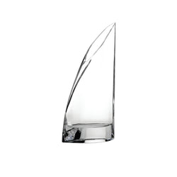 A clear lead-free crystal vase with a tapered design on a plain background.