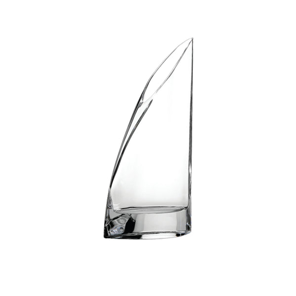 A clear lead-free crystal vase with a tapered design on a plain background.