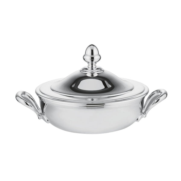 Silver-plated vegetable serving dish with handles and domed lid small from the Rencontre collection by Ercuis.