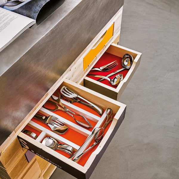 Open drawer with silverware and Vegetable Serving Tongs Silver-Plated Stainless Steel by Sambonet