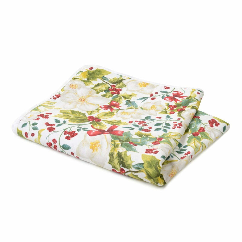 Folded Very Holly Christmas cotton tablecloth with festive holly print by Roseberry Home
