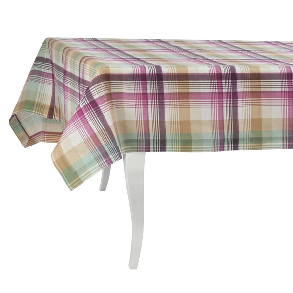 Plaid tablecloth on a white table with a white background