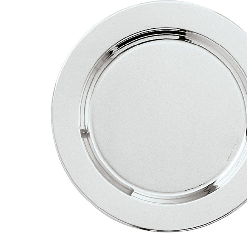 close-up Villa Carlotta silver plated bottle coaster or bread plate by Greggio, elegant Italian table decor
