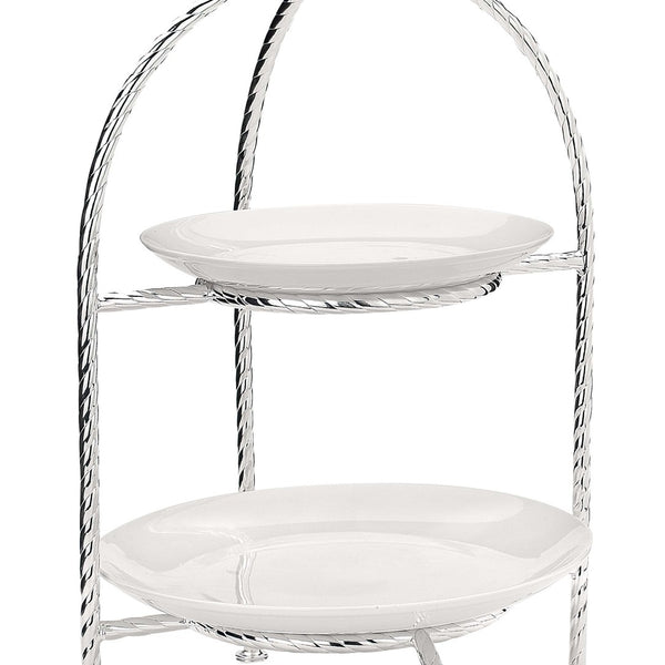 Close-up two-tier Villa Pisani frame pastry stand silver-plated by Greggio with porcelain plates