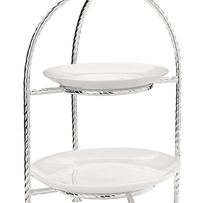 Close-up two-tier Villa Pisani frame pastry stand silver-plated by Greggio with porcelain plates