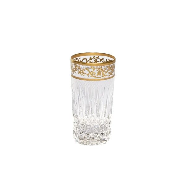Crystal vodka shot glass with diamond and beveled cuts and gold inlay from the Viktoria collection by Cristallerie de Montbronn.
