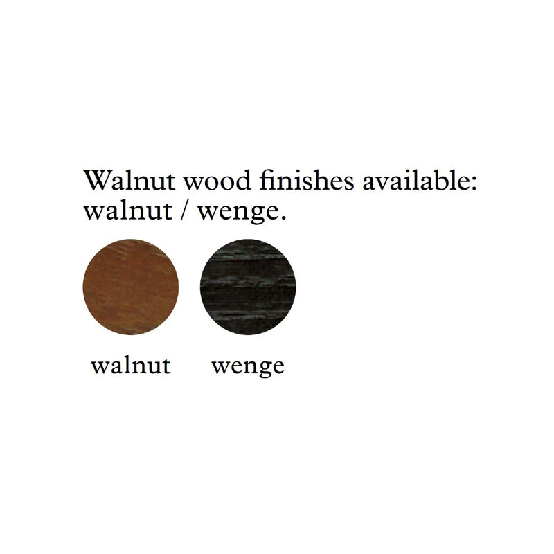 Two wood color swatches labeled 'walnut' and 'wenge' with text indicating available finishes.