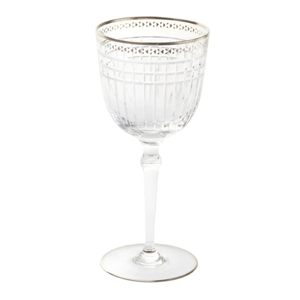 Luxury Aghata Platinum crystal water glass with geometric bevel cuts and platinum rim by Cristallerie de Montbronn