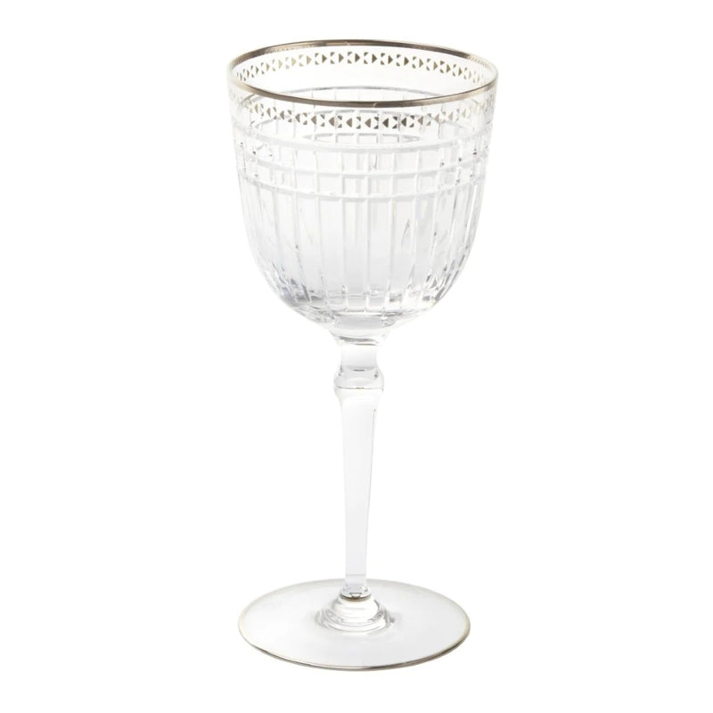 Luxury Aghata Platinum crystal water glass with geometric bevel cuts and platinum rim by Cristallerie de Montbronn