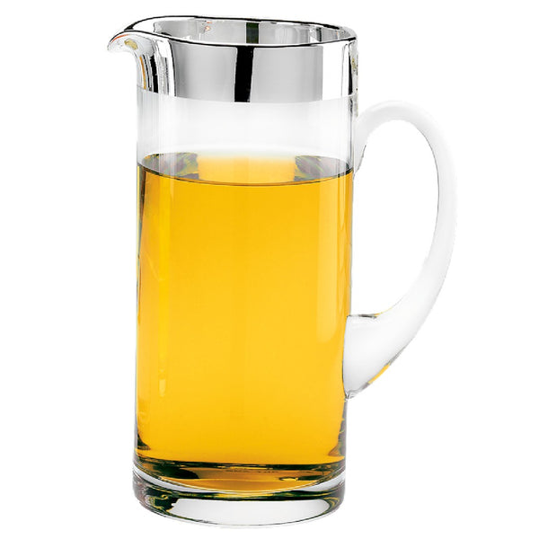 Luxury Crystal Water Jug Babsy 1.5 L with Fine Silver Rim – Sonja Quandt filled with yellow liquid on a white background