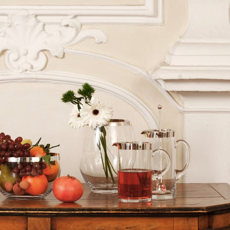 Styled counter with Elegant Handcrafted Water Jug Babsy in Crystal with Silver Rim – Sonja Quandt Glassware