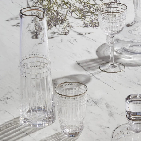 Styled Aghata crystal water pitcher with platinum rim and geometric cuts by Cristallerie de Montbronn