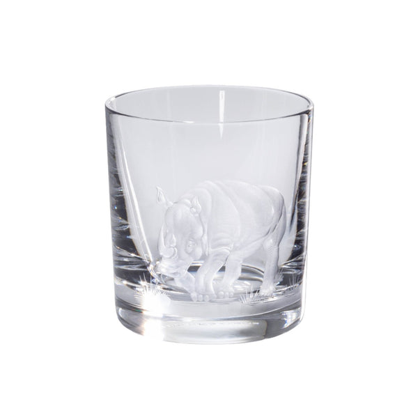 Luxury Crystal Whiskey Glass with Rhino Engraving – Big Five Collection by Sonja Quandton a white background