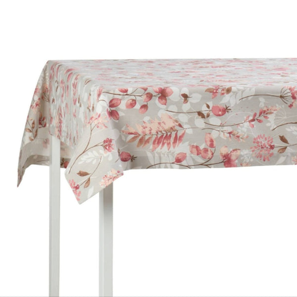 Floral patterned tablecloth on a white table