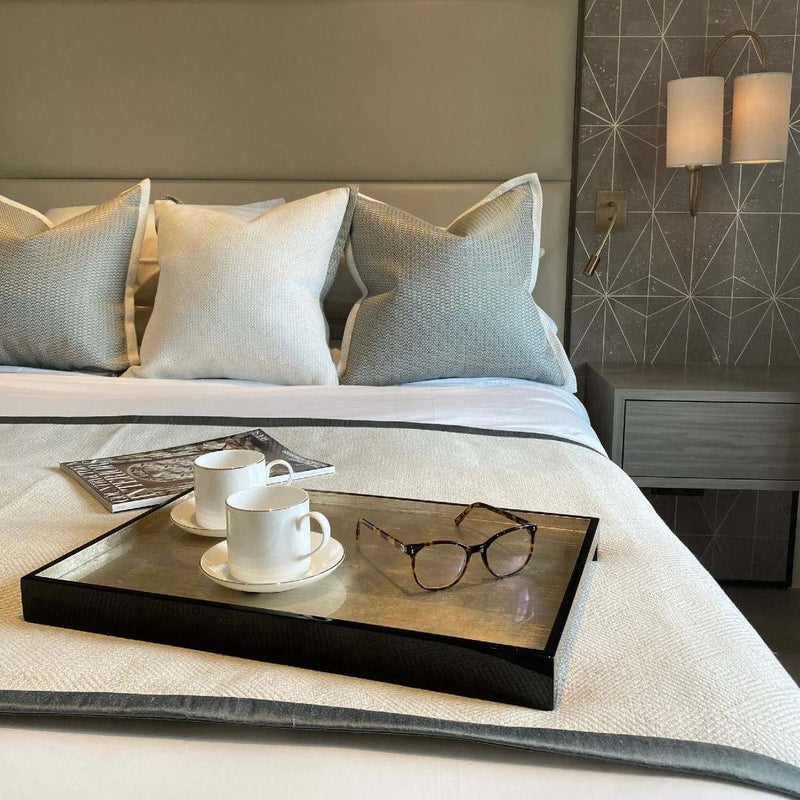 Windsor Medium Tray with cups and glasses on a bed in a bedroom setting