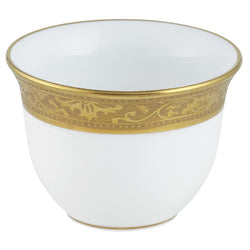 A white and gold porcelain sake cup with a Renaissance style border.