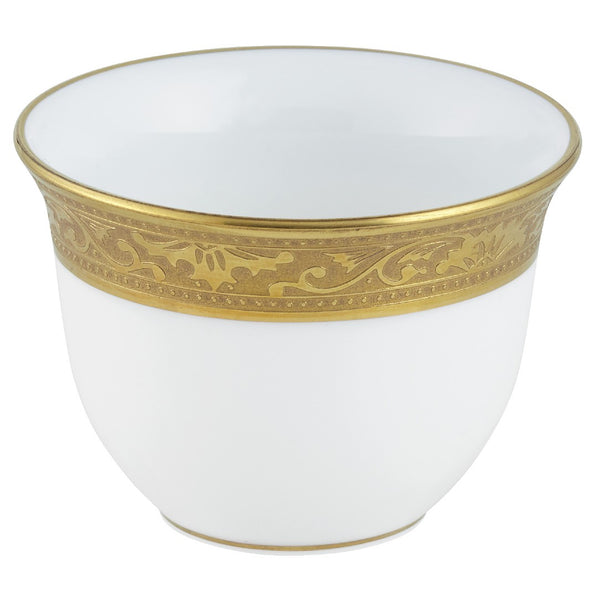 A white and gold porcelain sake cup with a Renaissance style border.