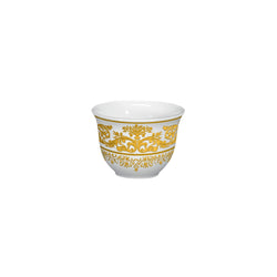 A white and gold porcelain sake cup with floral patterns.