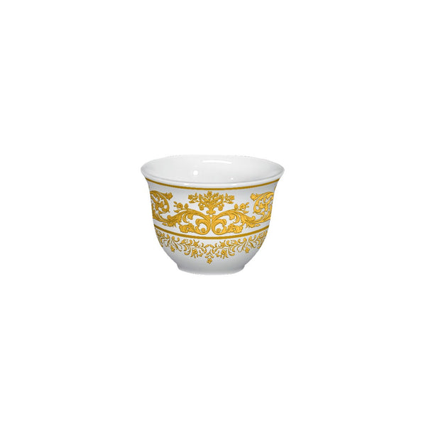 A white and gold porcelain sake cup with floral patterns.