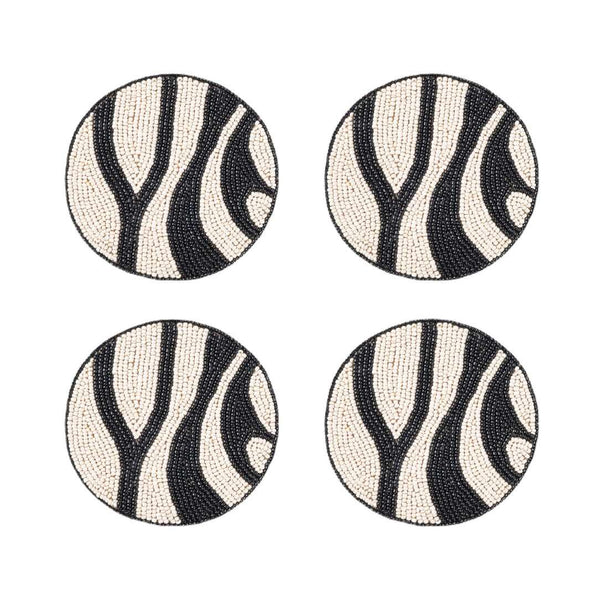 Zebra striped beaded drink coaster set of 4 by Joanna Buchanan, bold black table decor

