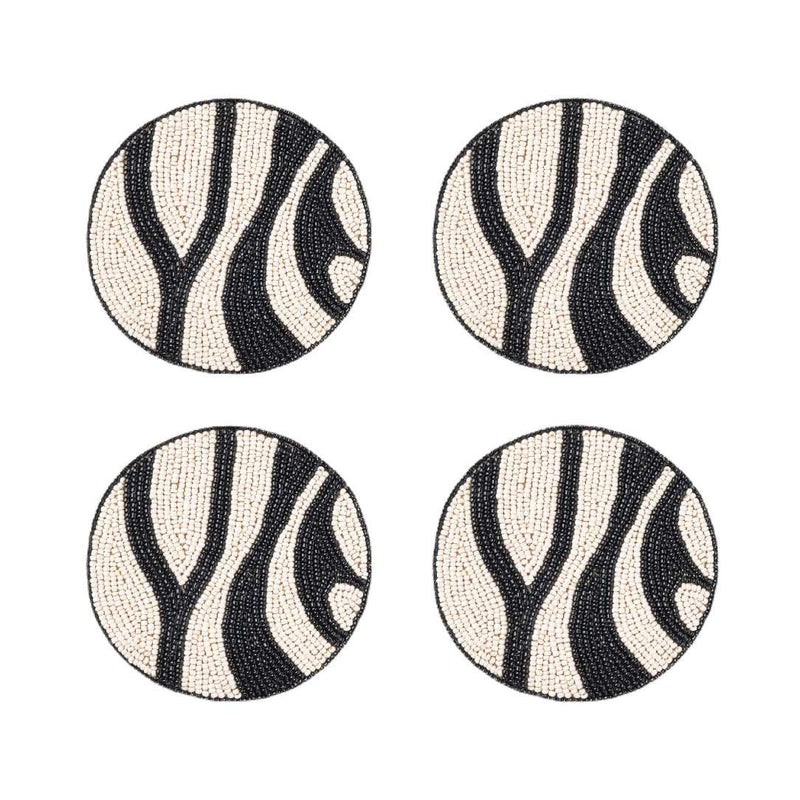 Zebra striped beaded drink coaster set of 4 by Joanna Buchanan, bold black table decor


