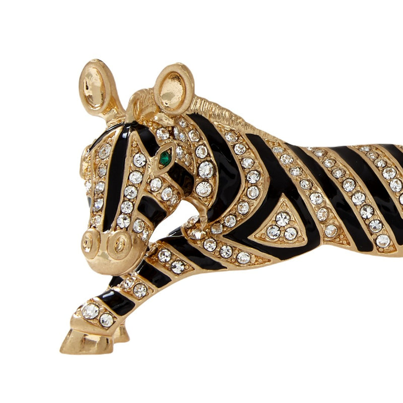 Close-up of the Zebra place card holder in black enamel with gold and crystal details by Joanna Buchanan