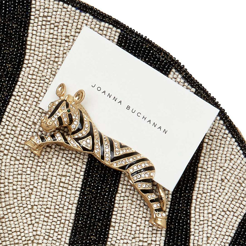 Zebra place card holder in black enamel with gold and crystal details by Joanna Buchanan