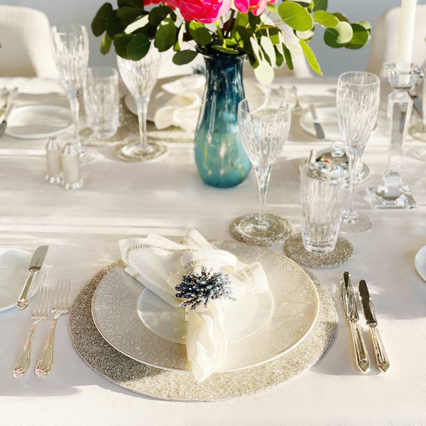 elegant table decor featuring Zelda coasters in silver
