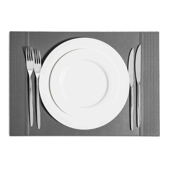 Grey rectangular leather placemat with woven side bands by Pinetti.