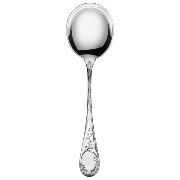 Vendôme silver-plated broth spoon with rounded bowl.