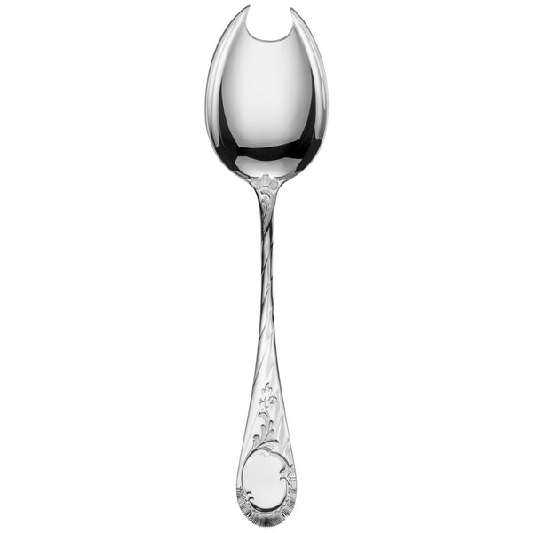Silver-plated Vendôme vegetable fork with ornate handle and wide prongs.